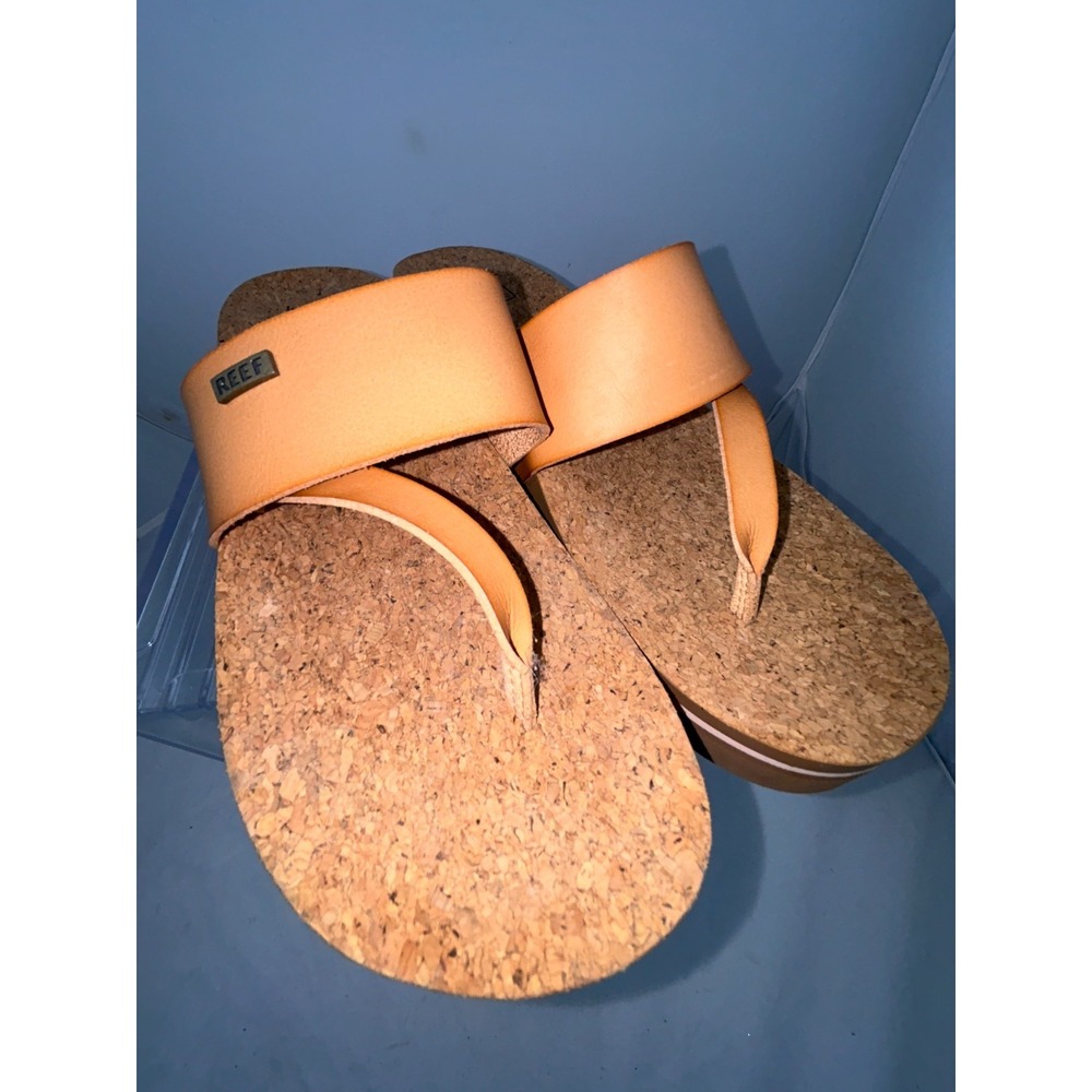 REEF Tan Leather Layered Sandals Cork Footbed Beach Pool Size 10 Summer Flipflop